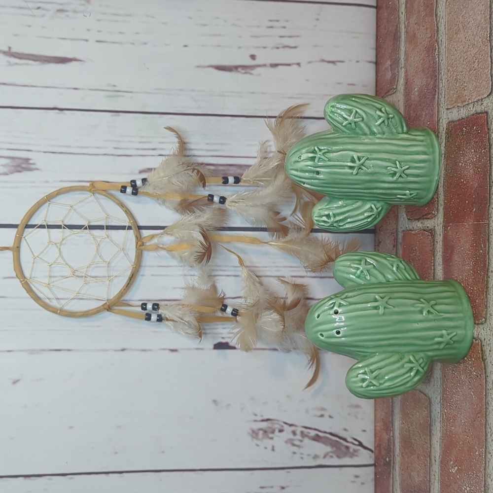 Vintage Retro Bohemian Green Cactus Salt and Pepper Shakers‎